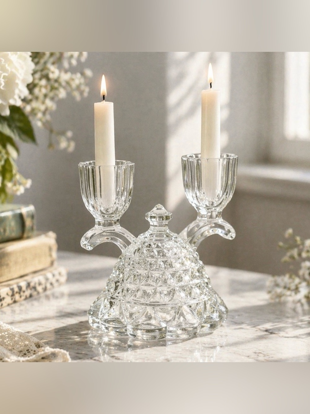 Vintage IMPERIAL Katy Clear Glass Double Candle Holder Lace Edge 4½" Cottagecore